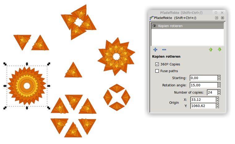 Eine Gruppe aus Dreiecken mit dem neuen Pfadeffekt 'Kopien rotieren'