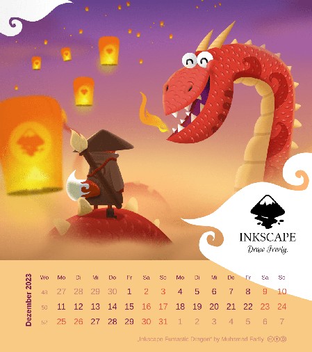 Kalenderblatt Dezember 2023: „Inkscape Funtastic Dragon“ von Muhamad Farlly (Lizenz: CC-By-SA 4.0) – Vorschau