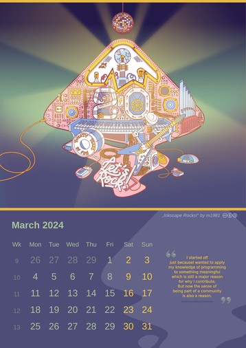 Inkscape calendar March 2024: „Inkscape Rocks!“ by m1981 (License: CC-By-SA 4.0) – Preview