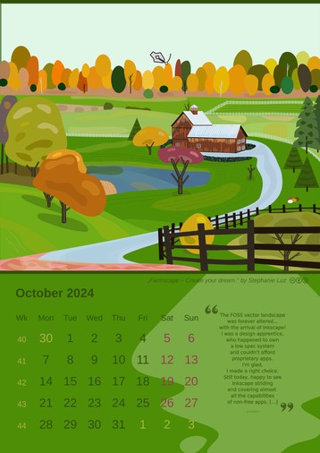 Inkscape calendar October 2024: „Farmscape – Create your dream.“ by Stephanie Luz (License: CC-By-SA 4.0) – Preview